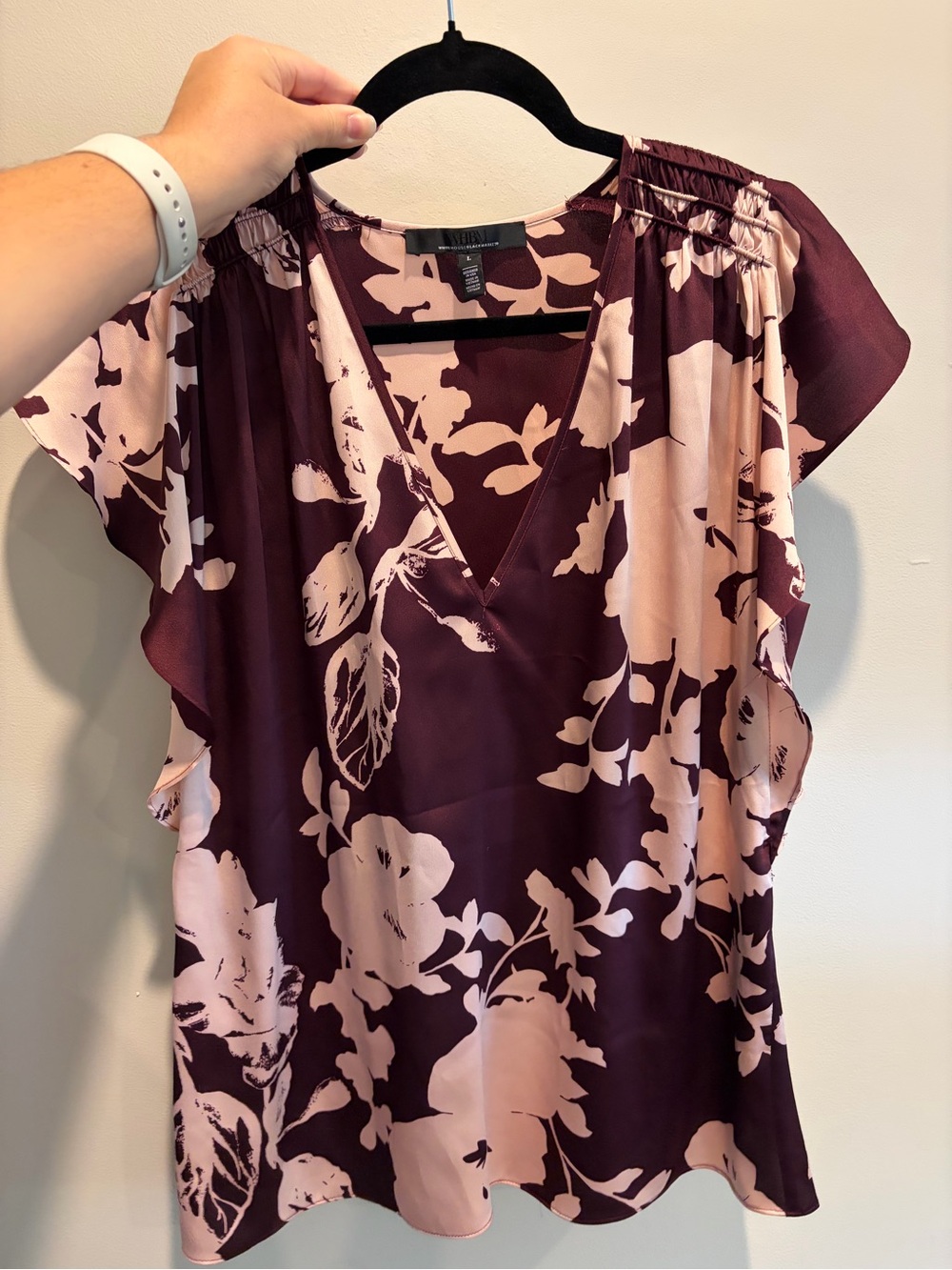 White House Black Market Burgundy & Blush Floral V-Neck Blouse